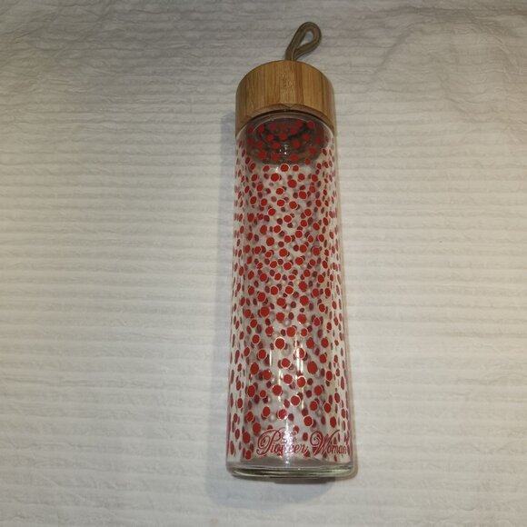 The Pioneer Woman Glass Water Bottle with Red Polka Dots 20 oz Bamboo Lid - Picture 2 of 6